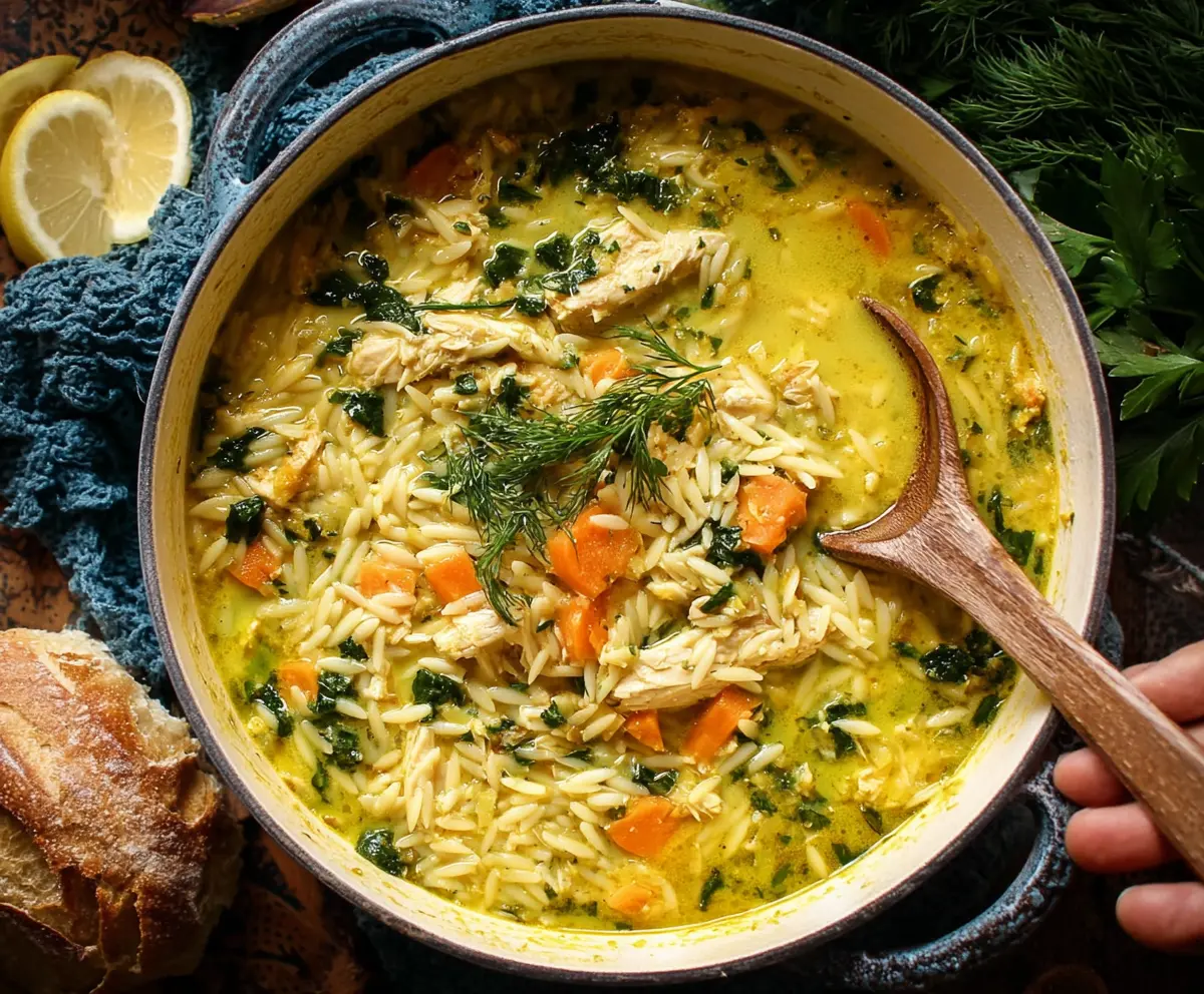 Creamy turmeric lemon chicken and orzo soup in a bowl with fresh herbs and lemon wedges