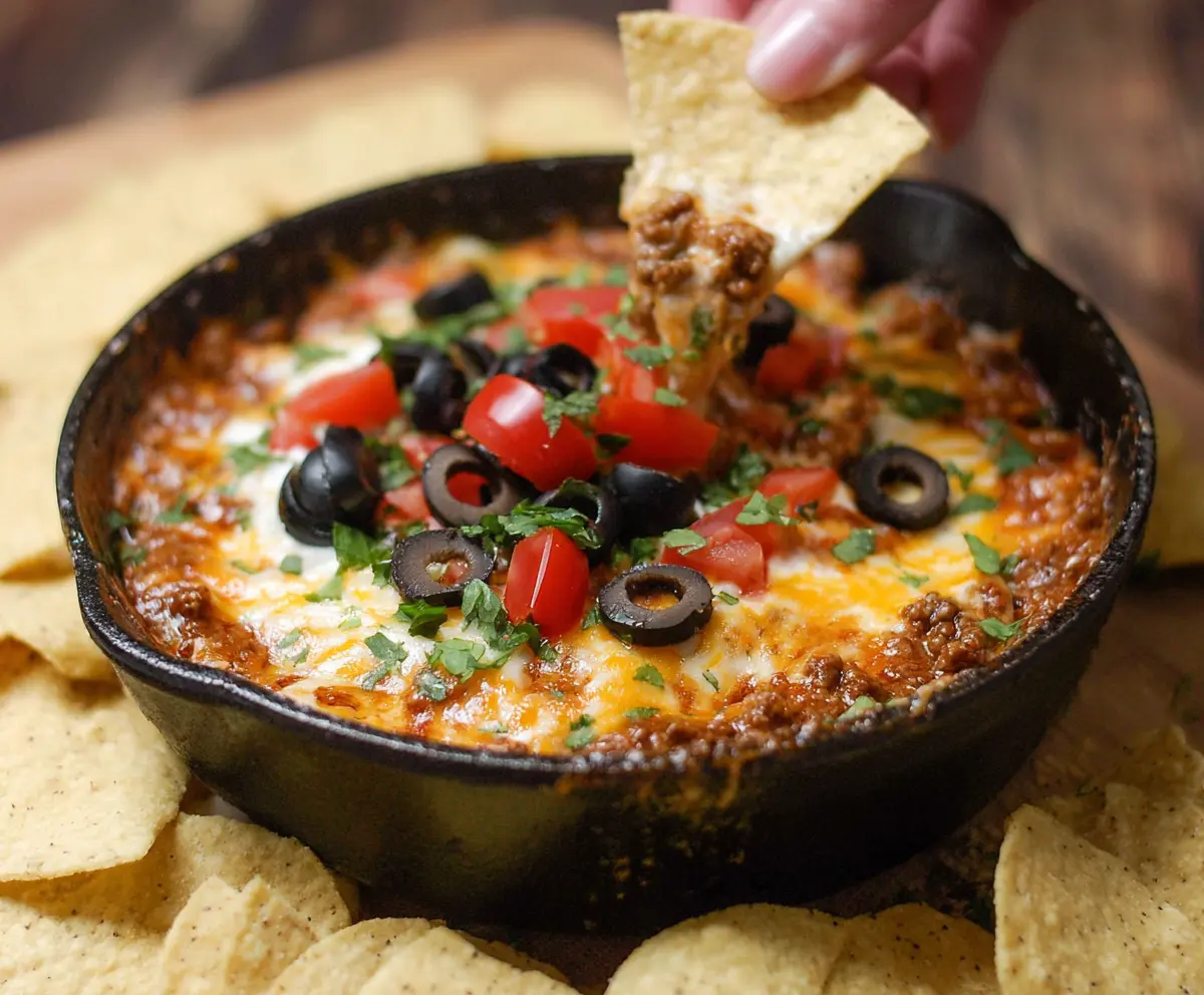 Creamy Crock Pot Beef Nacho Dip topped with melted cheese and jalapenos served in a bowl.