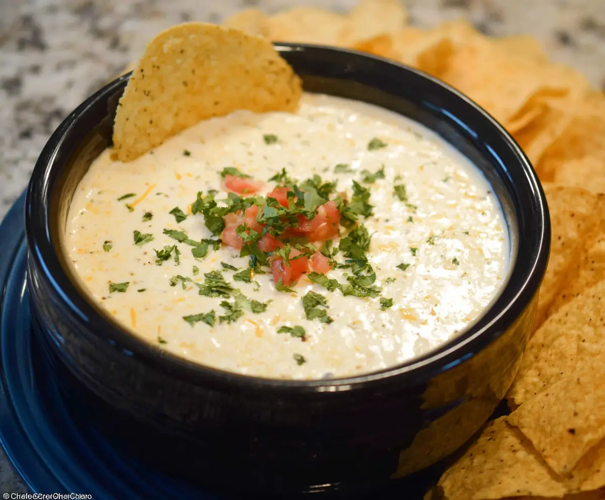 Creamy Crock Pot White Cheese Dip served with tortilla chips for a delicious appetizer