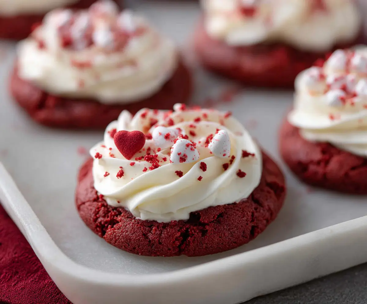 Delicious Crumbl Red Velvet Cupcake Cookies with creamy frosting on a white plate