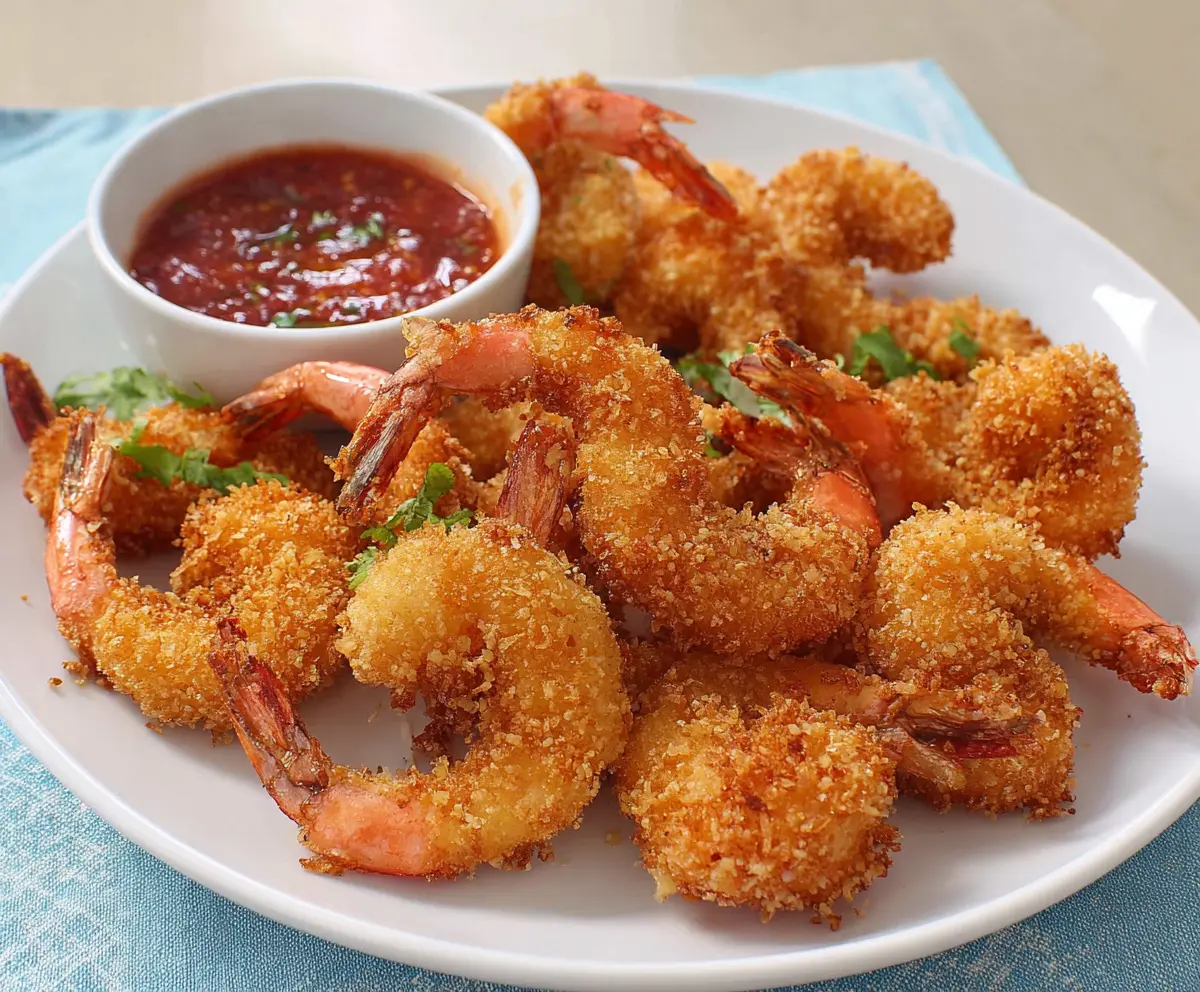 Crispy fried shrimp served with lemon and seafood sauce on a white plate.