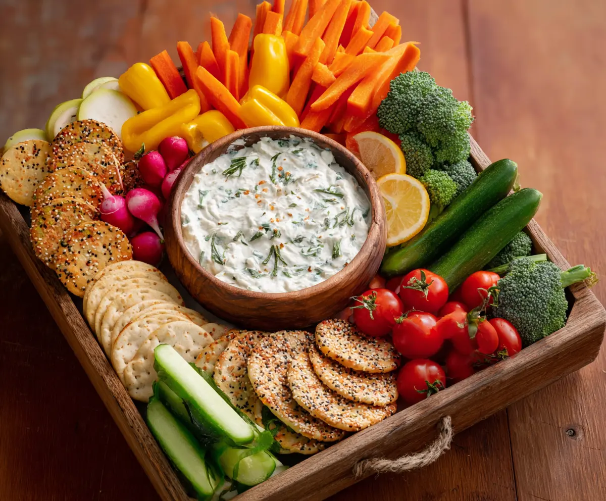 Colorful veggie platter with assorted fresh vegetables and creamy dip, perfect for healthy snacking.
