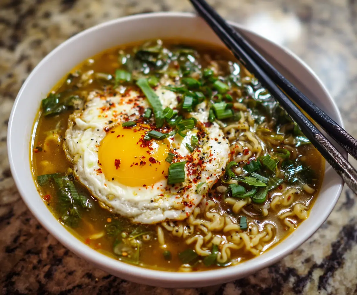 Hot bowl of Egg Drop Ramen Soup with tender noodles, fluffy egg strands, and savory broth, perfect comfort food.