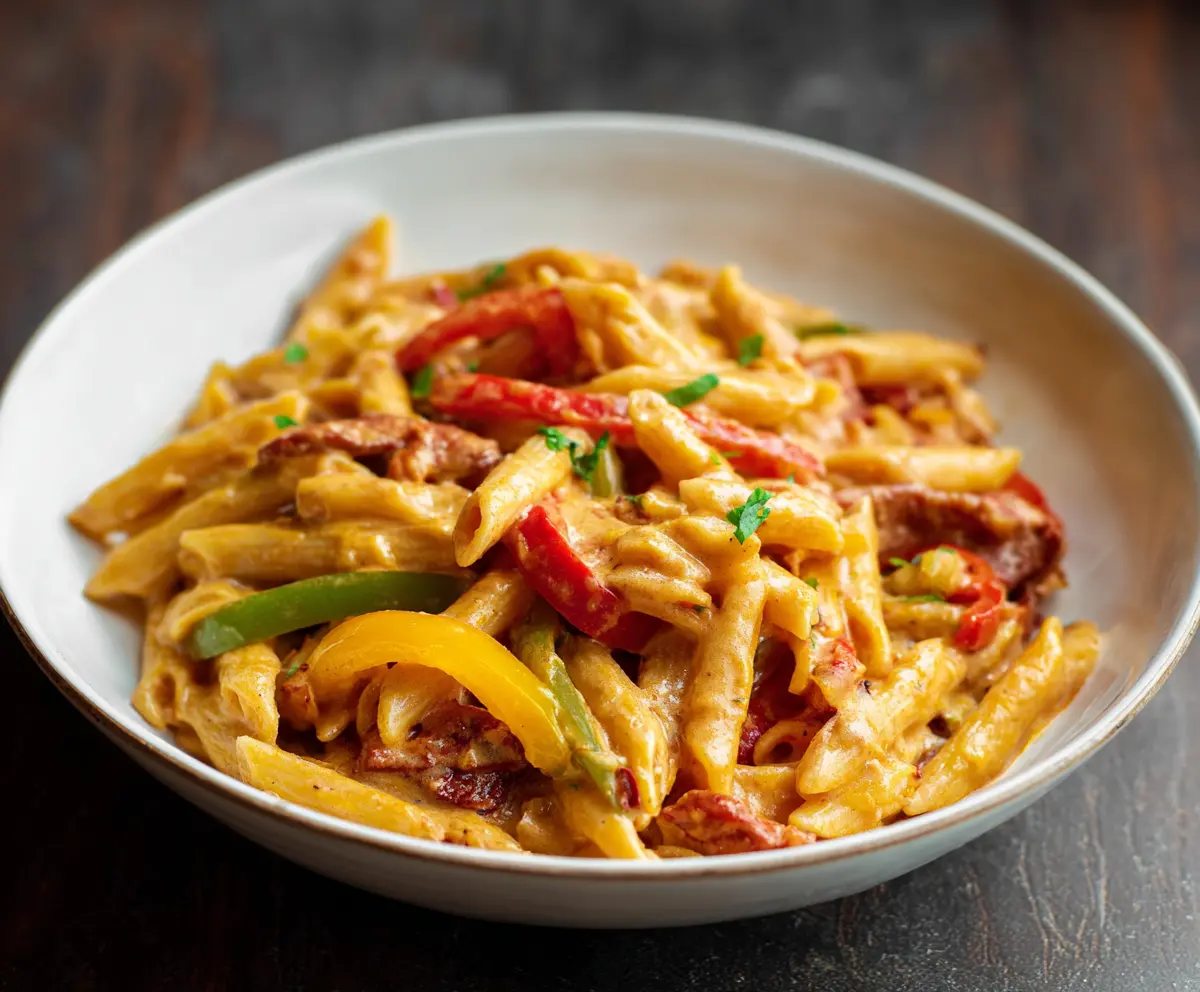Delicious Fajita Pasta with colorful peppers and melted cheese served on a plate