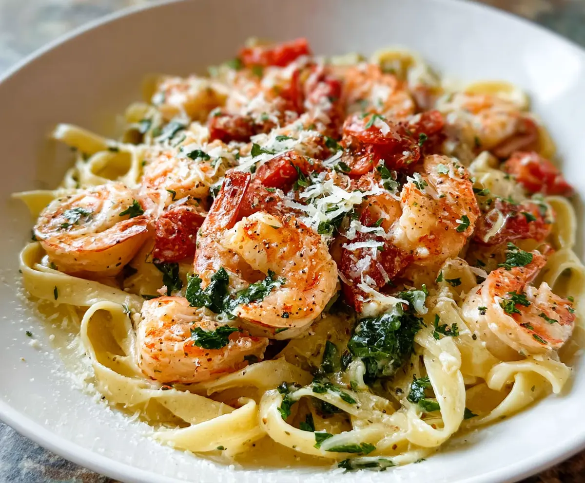 Delicious fettuccine shrimp pasta with fresh herbs and creamy sauce on a white plate.