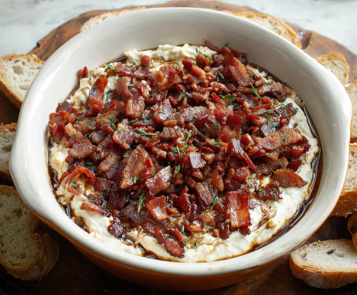 Creamy Fig and Bacon Boursin cheese dip served with fresh bread for a delicious appetizer.