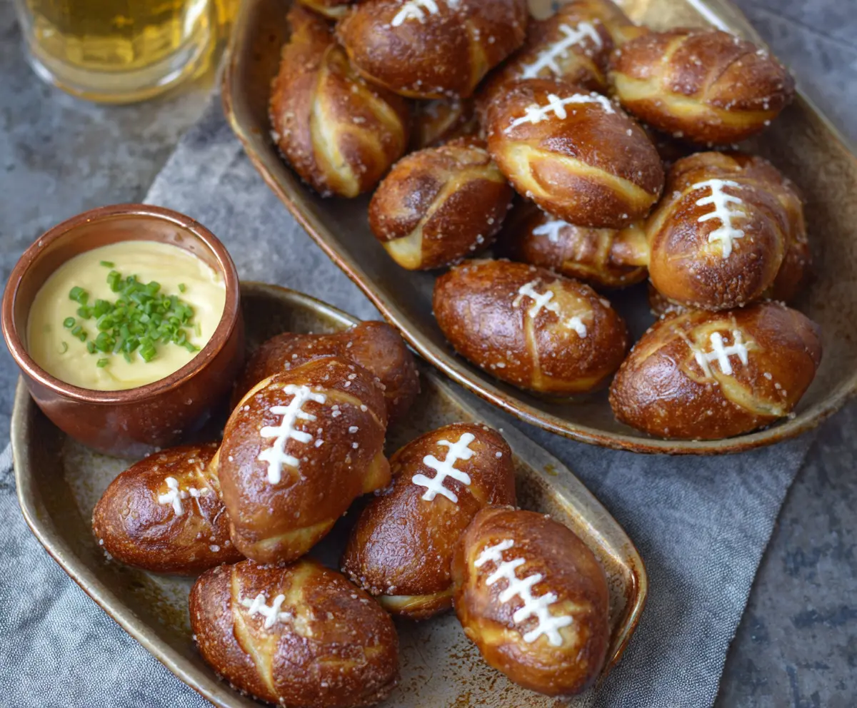 Football-shaped soft pretzel bites served with mustard dip, perfect for game day snacking.