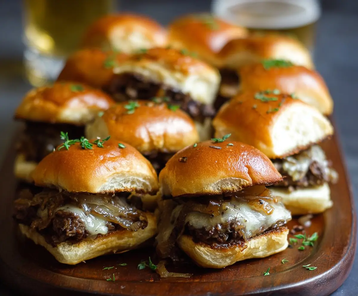 Delicious French Onion Beef Sliders topped with caramelized onions and melted cheese on a plate.