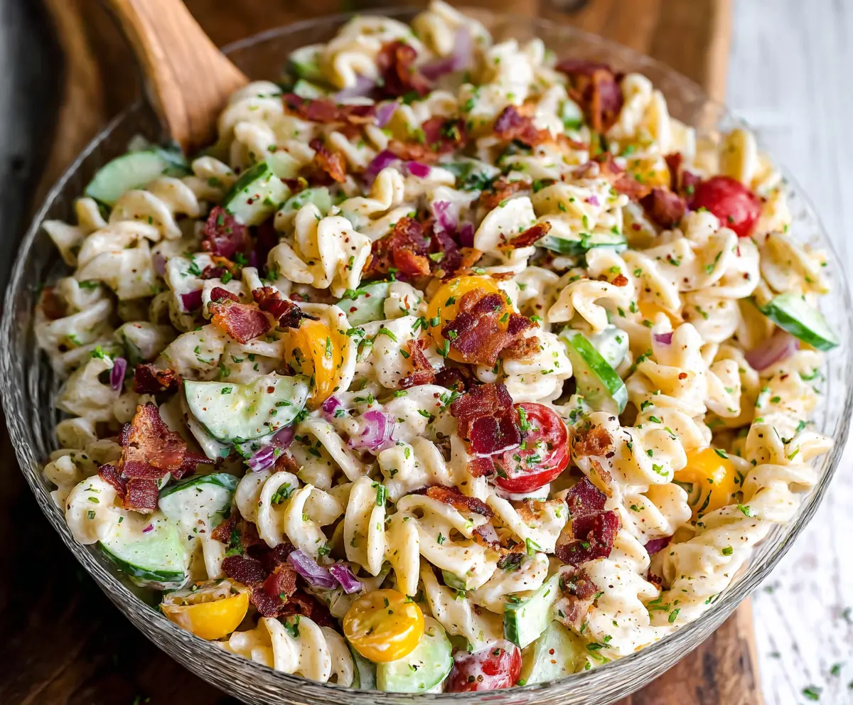 Delicious Fresh Ranch Pasta Salad topped with crispy bacon and fresh herbs