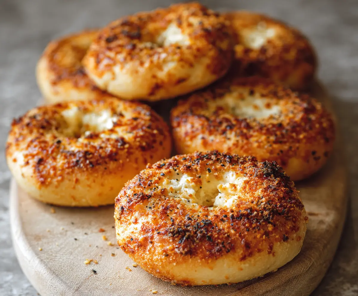 Garlic Parmesan Cottage Cheese Bagels on a wooden board with fresh herbs