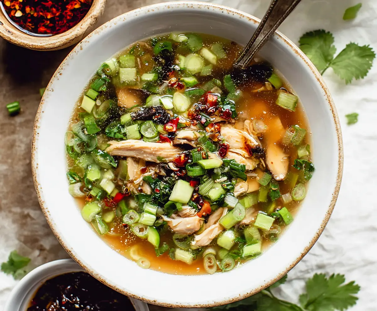 Delicious Ginger Scallion Chicken Soup served in a bowl, garnished with fresh herbs.