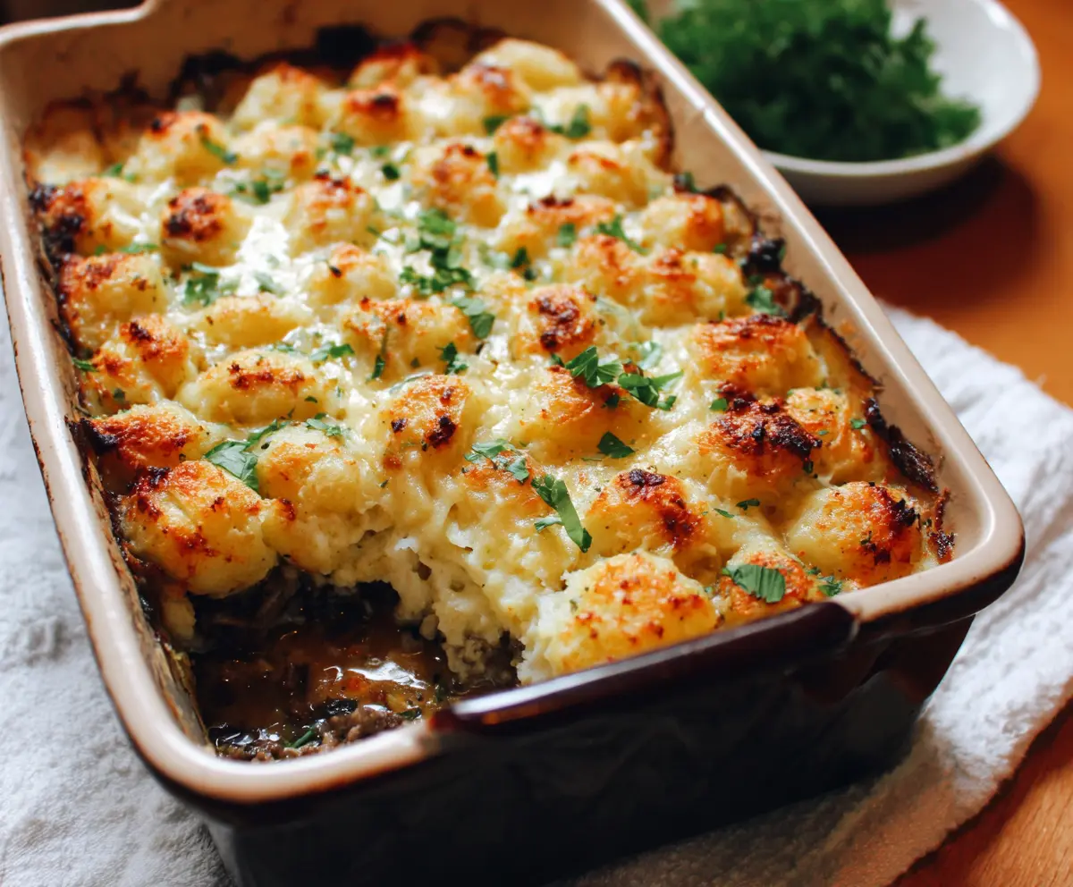 Delicious Gnocchi Shepherd's Pie topped with golden cheese in a baking dish.