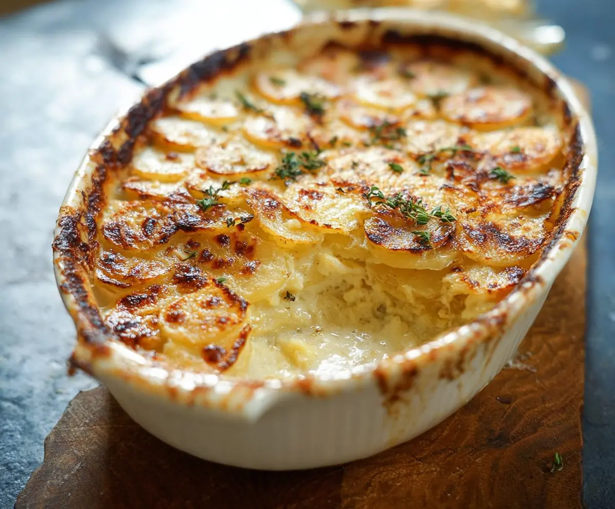 Delicious Gordon Ramsay Potato Gratin with crispy golden-brown layers of sliced potatoes and melted cheese.