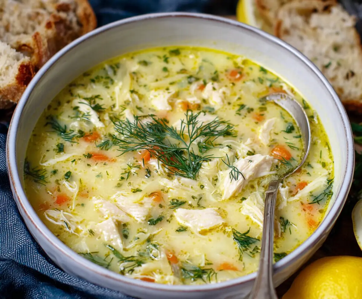 Delicious Greek Lemon Chicken Soup served in a white bowl with fresh herbs and lemon slices