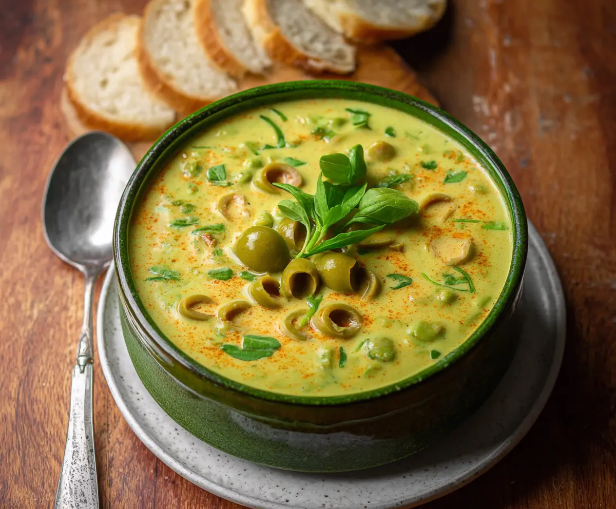 Delicious green olive soup served in a bowl with fresh herbs garnishing the top.