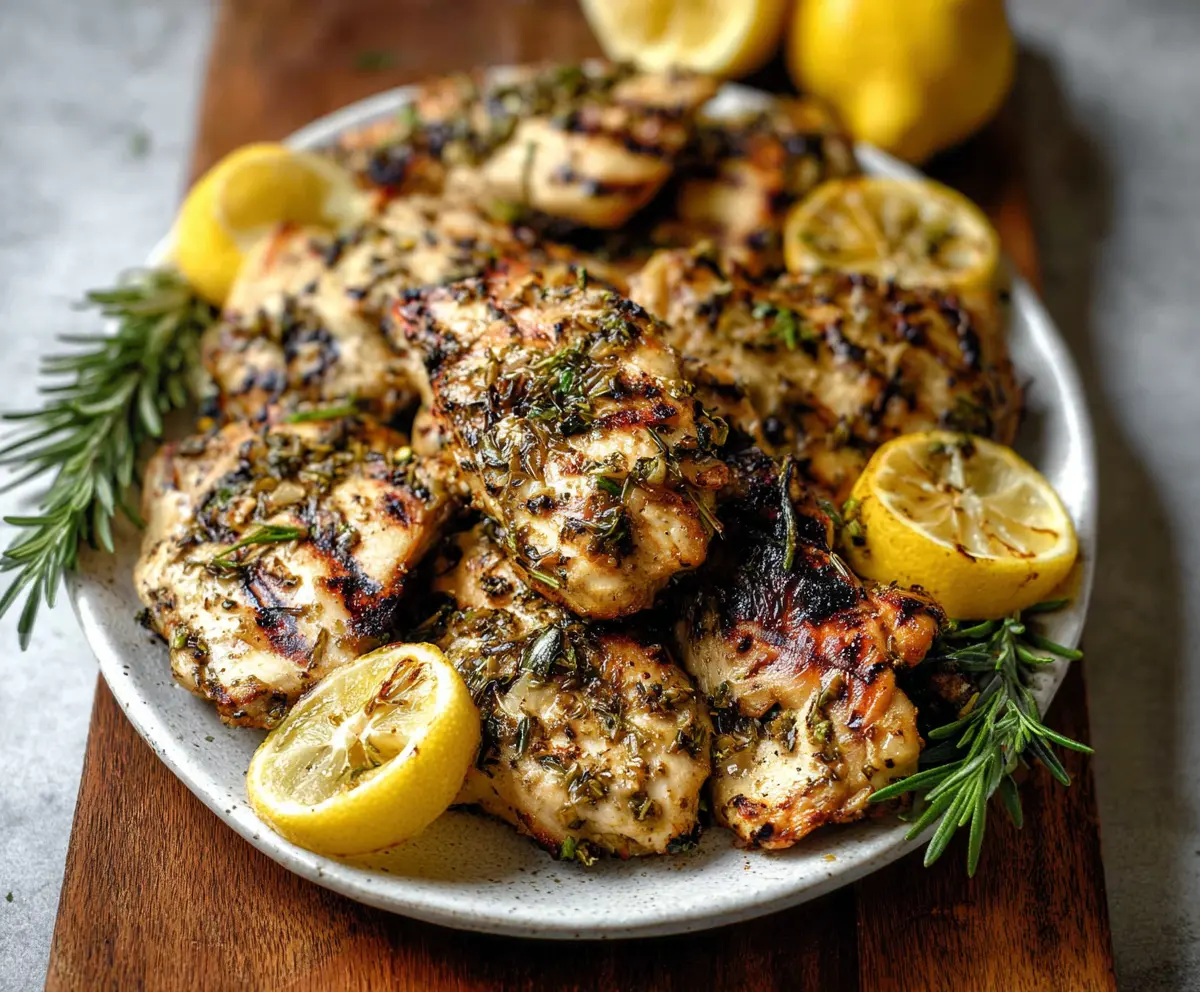 Juicy grilled lemon herb chicken breast served with fresh herbs on a barbecue grill.