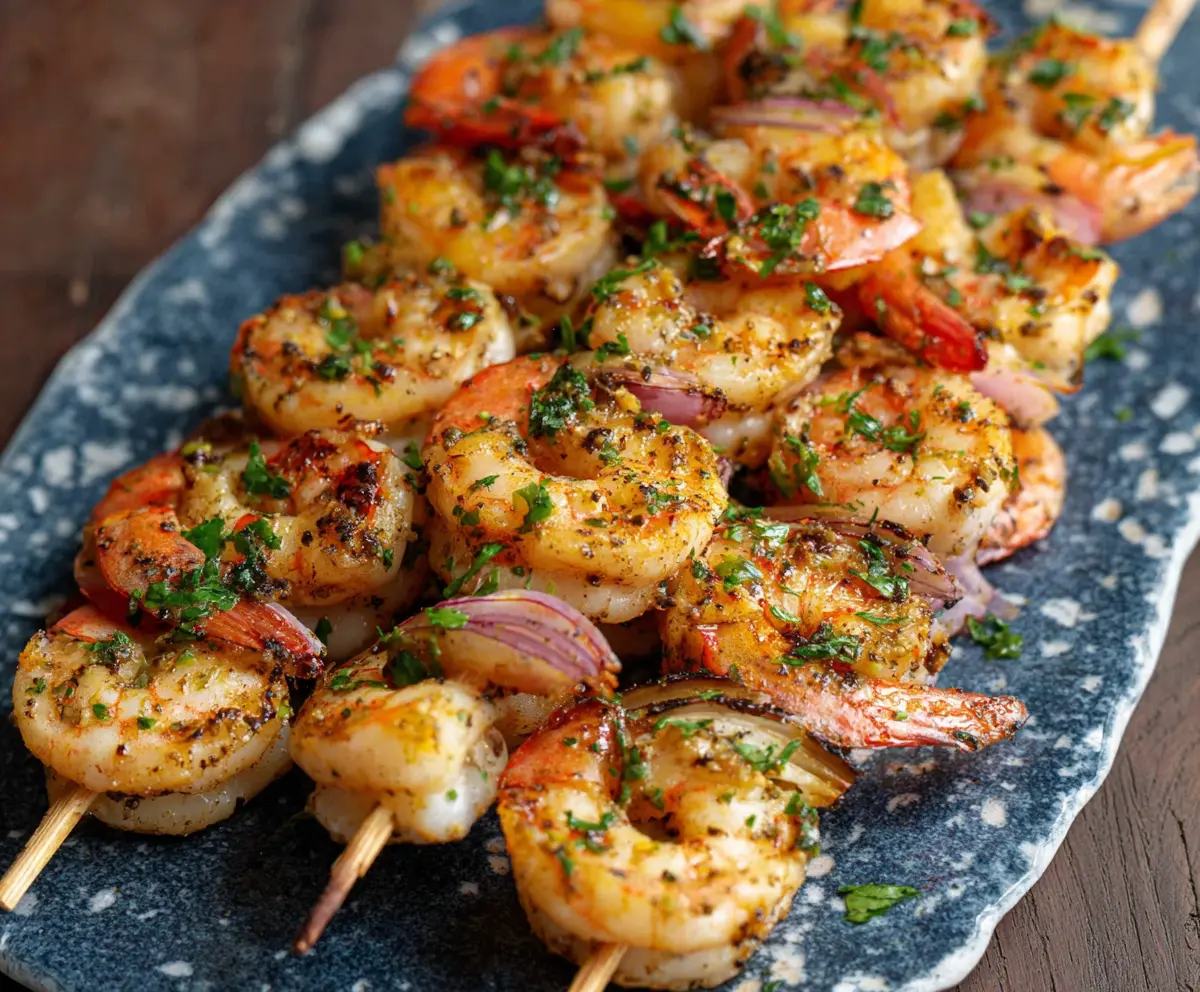 Delicious grilled shrimp kebabs on skewers served with fresh vegetables and herbs