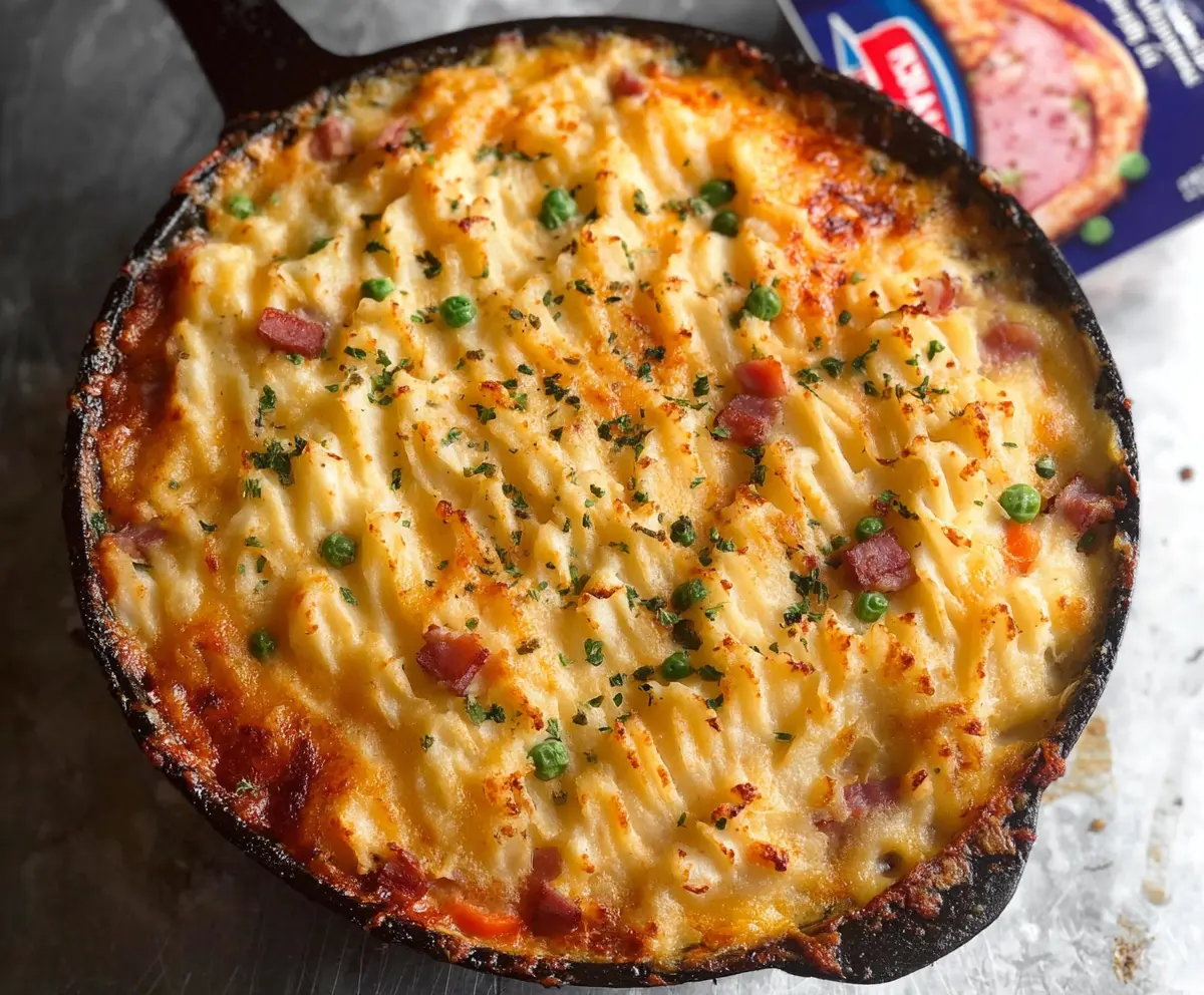 Delicious homemade Ham Shepherd's Pie with a crispy golden crust and savory ham filling.