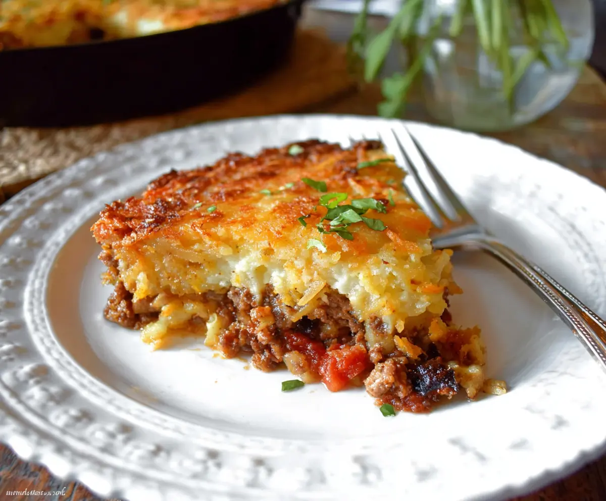 Golden hash brown topping on a hearty shepherd's pie served in a rustic dish.