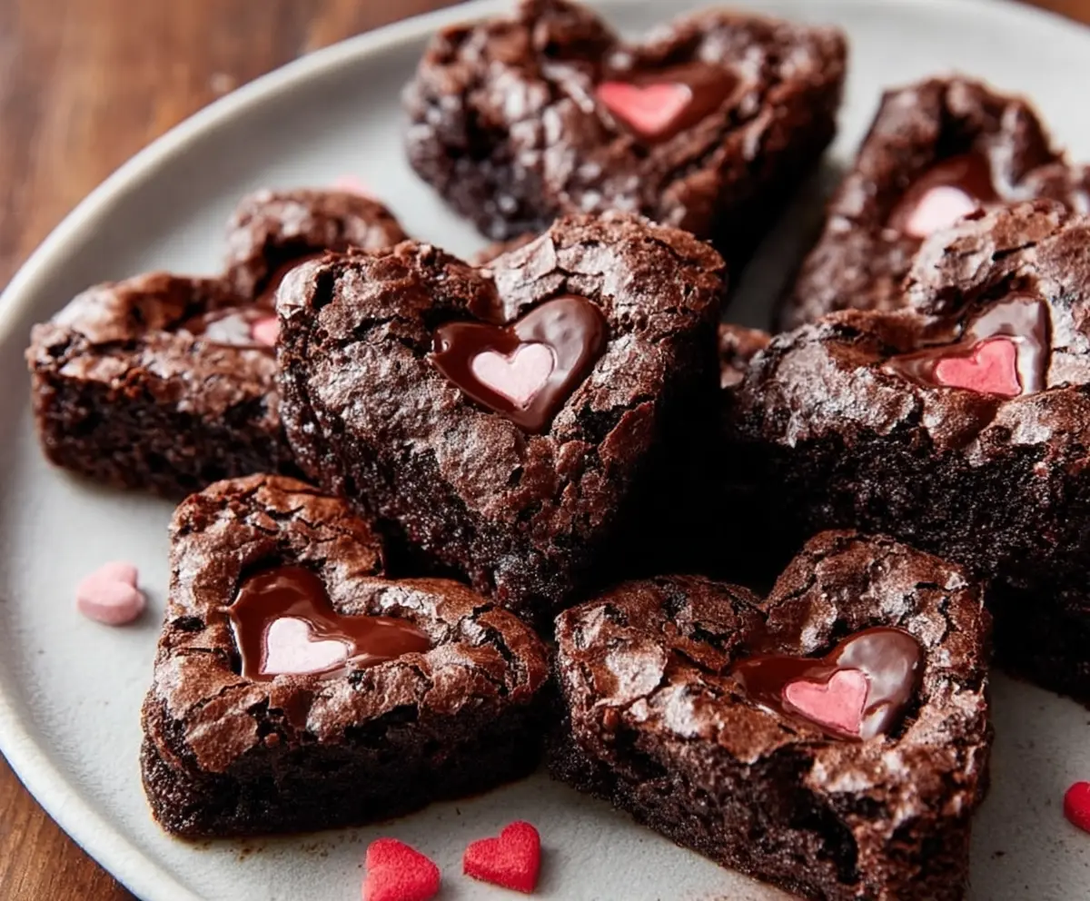 Delicious heart-shaped brownies with rich chocolate ganache for Valentine's Day dessert
