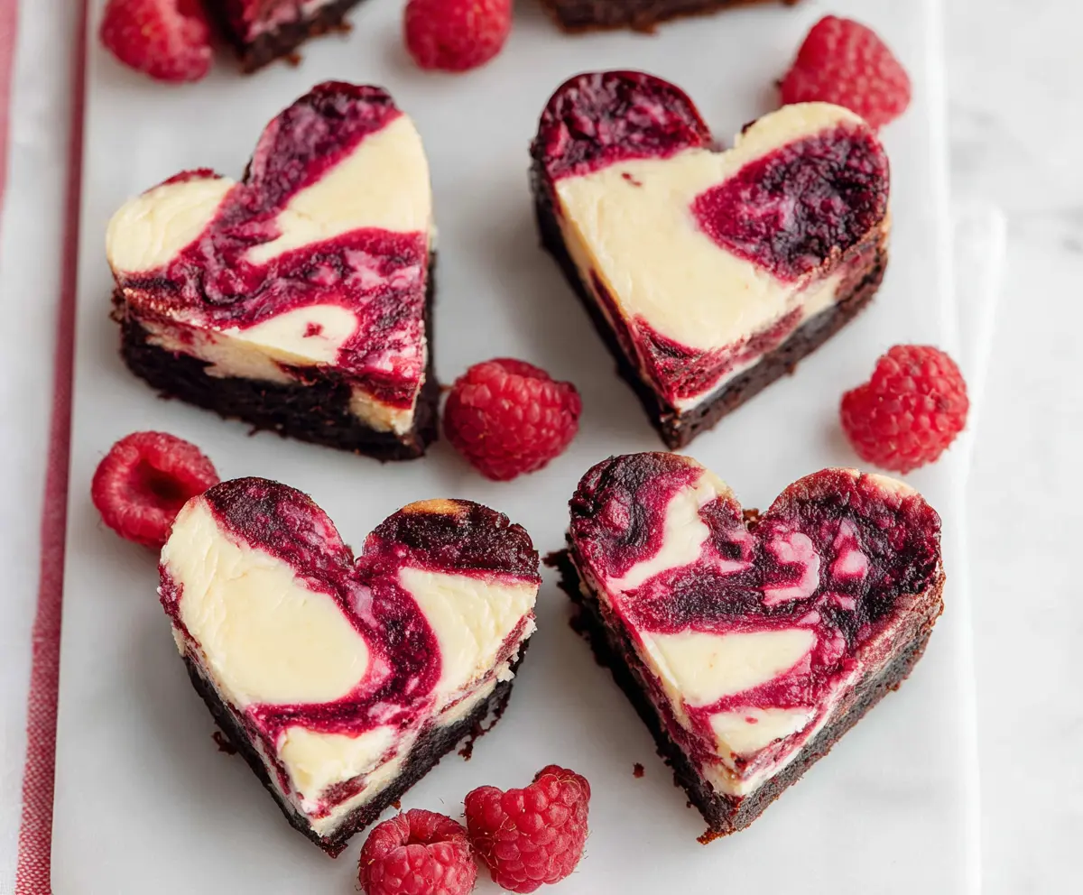 Delicious heart-shaped raspberry cheesecake brownies with a rich chocolate crust and vibrant red berry topping