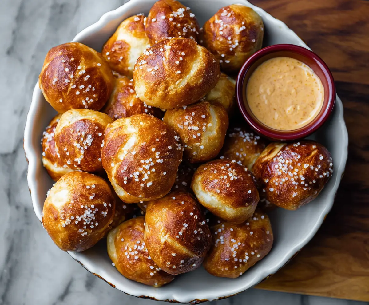 Delicious homemade soft pretzel bites served warm with a golden crust.