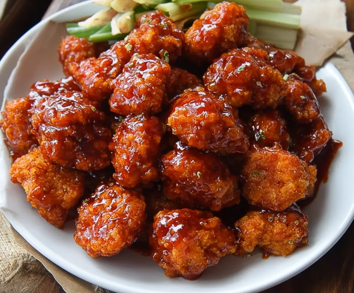 Crispy honey BBQ popcorn chicken served on a plate with a side of fresh vegetables