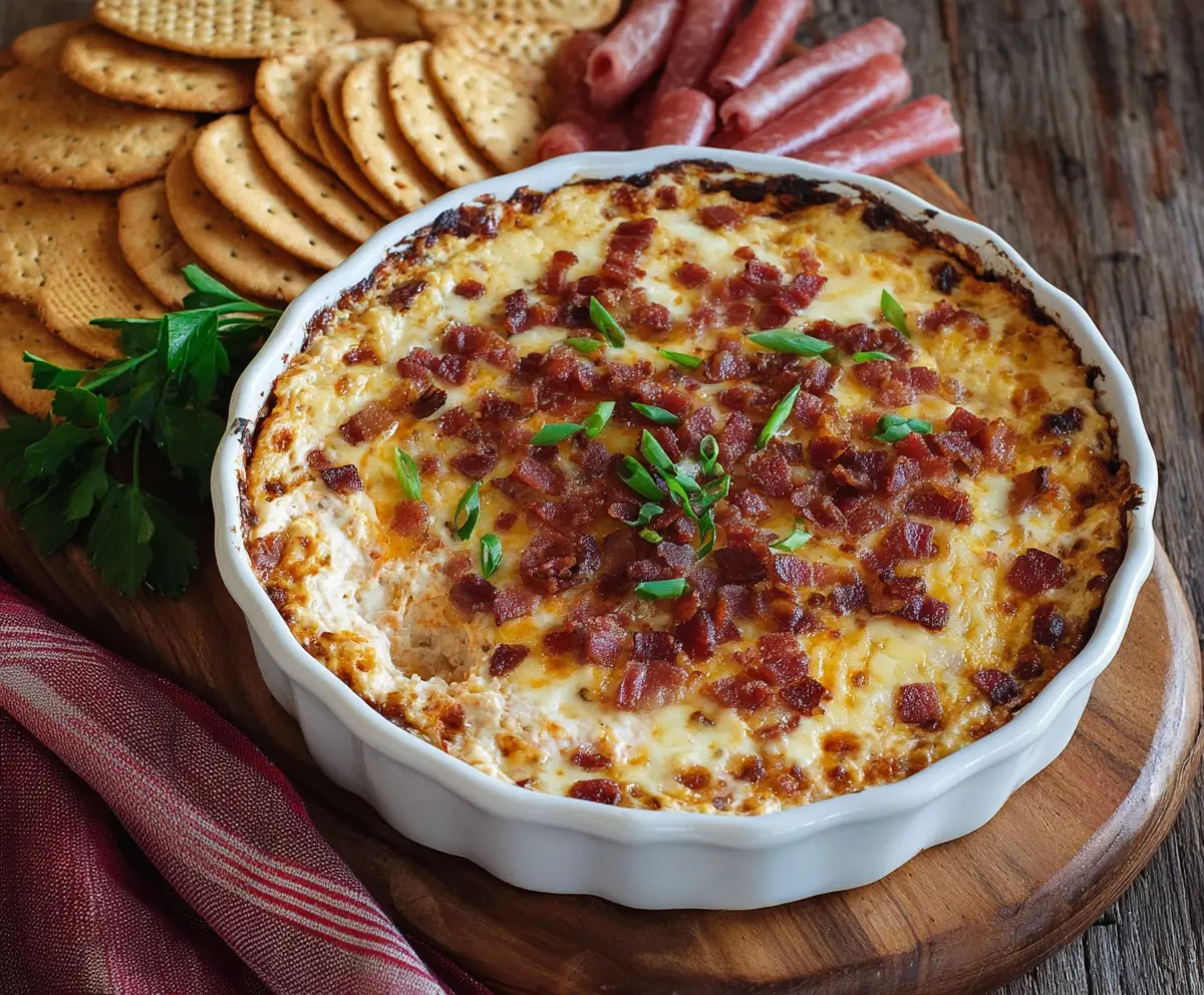 Creamy hot smoked Gouda bacon dip served with crispy bacon pieces and fresh herbs.