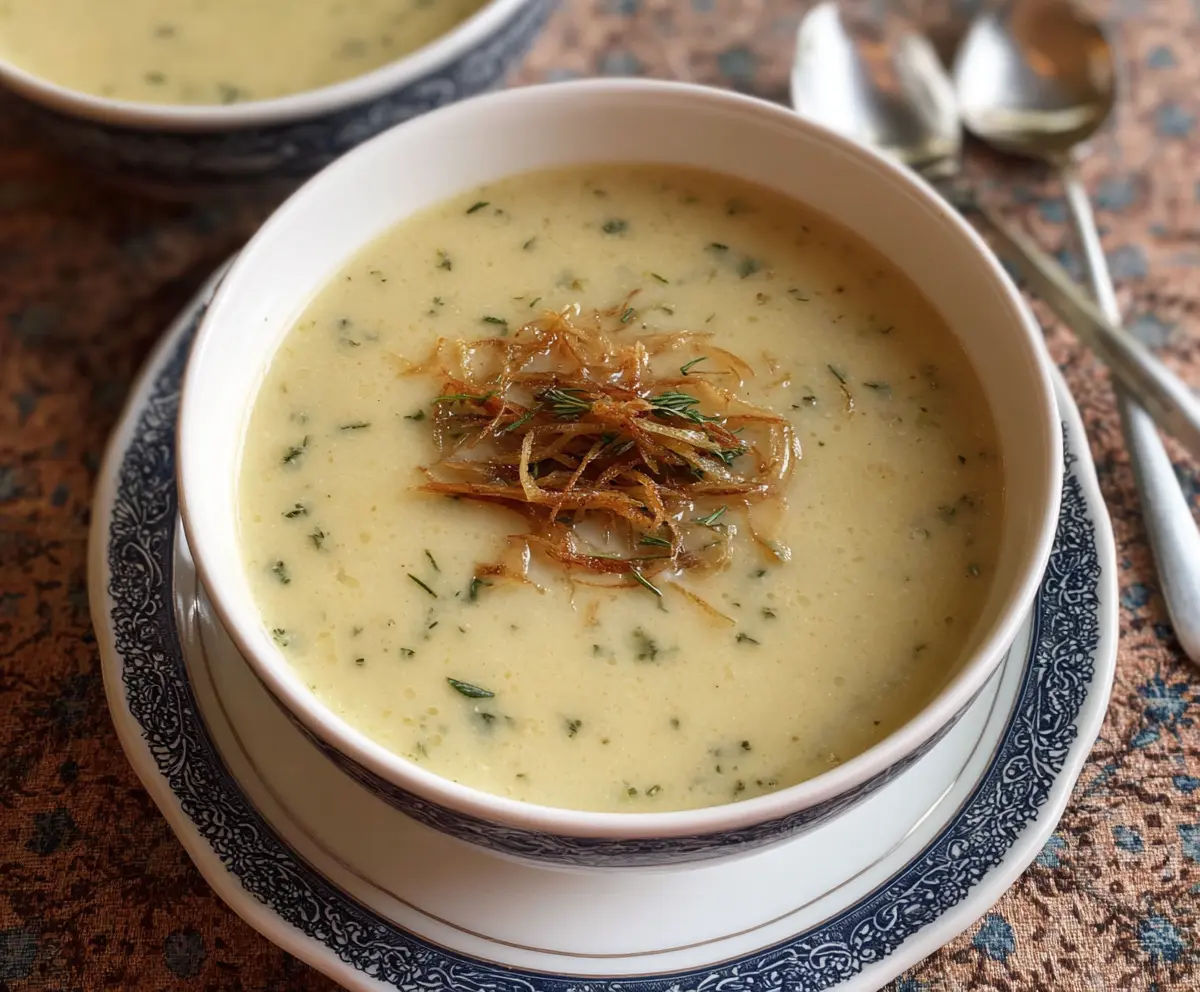 Creamy Ina Garten roasted potato and leek soup served in a bowl, garnished with fresh herbs.