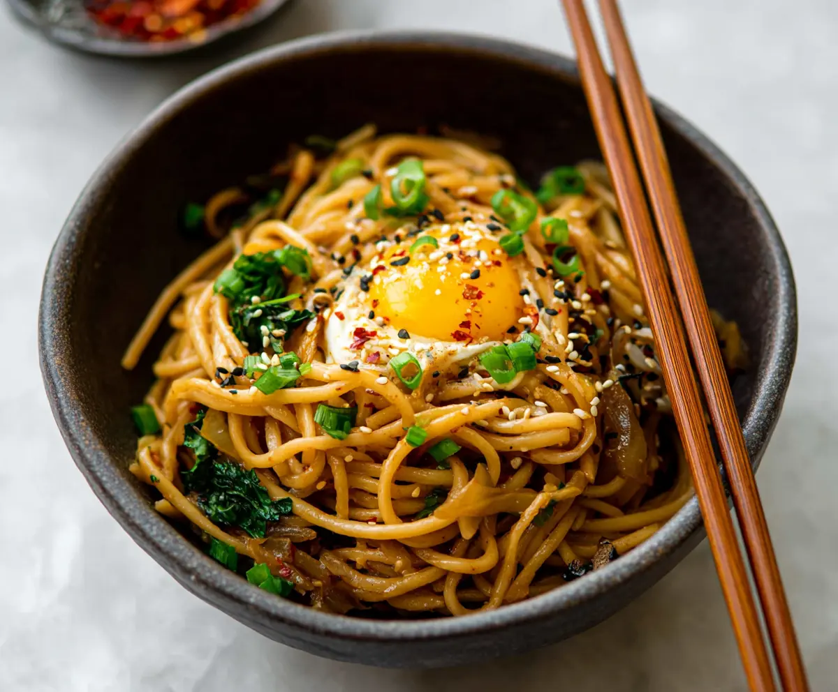 Delicious Korean Garlic Noodles garnished with green onions on a ceramic plate.