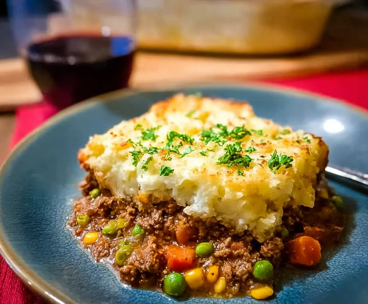 Delicious Lamb Shepherd's Pie topped with golden mashed potatoes and fresh herbs