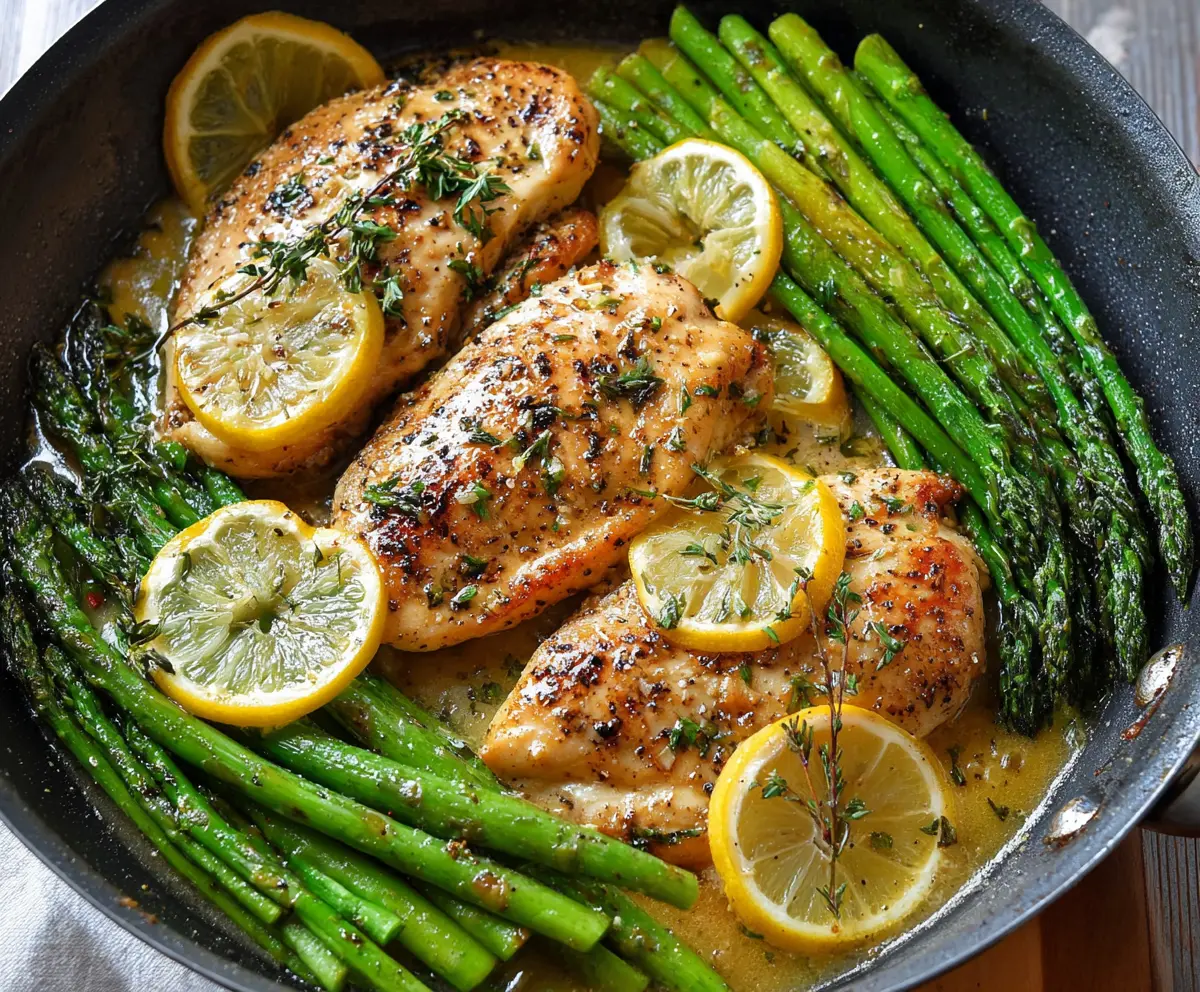 Juicy lemon butter garlic chicken served with fresh asparagus on a white plate.