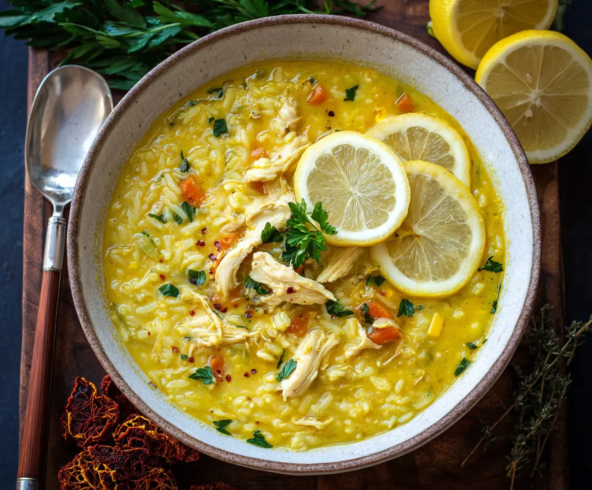 Lemon Ginger Turmeric Chicken and Rice Soup in a bowl with fresh lemon slices and herbs