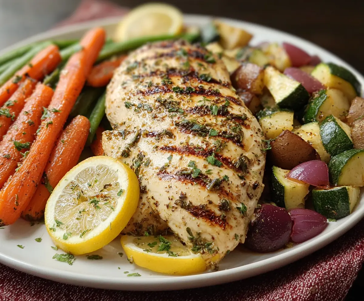 Juicy lemon herb chicken served with roasted vegetables on a rustic plate.