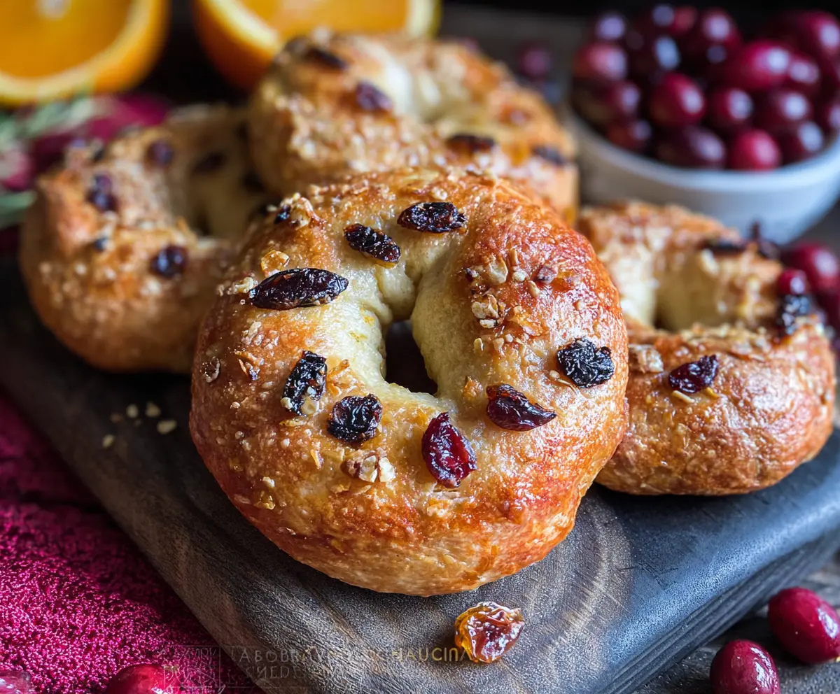 Close-up of freshly baked mini cranberry orange bagels with vibrant cranberries and orange zest.