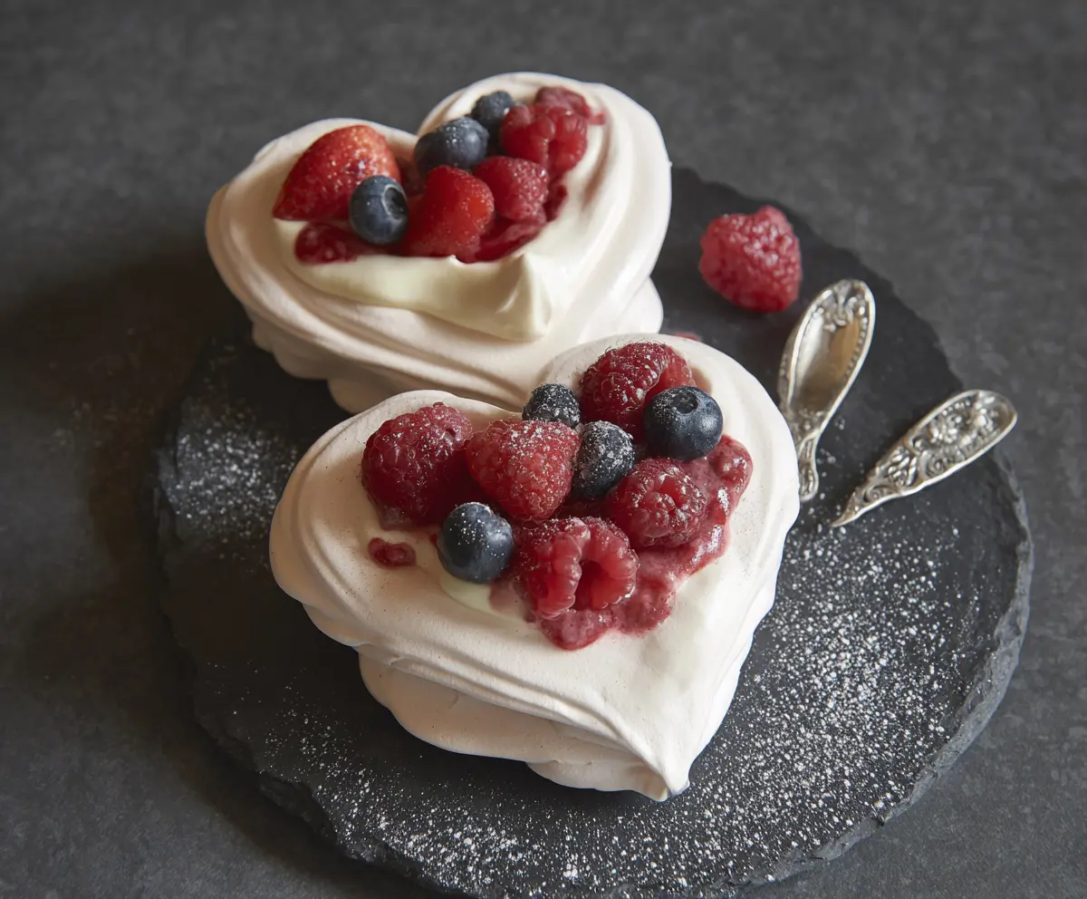 Delicious Mini Heart Pavlovas with whipped cream and fresh berries on top.
