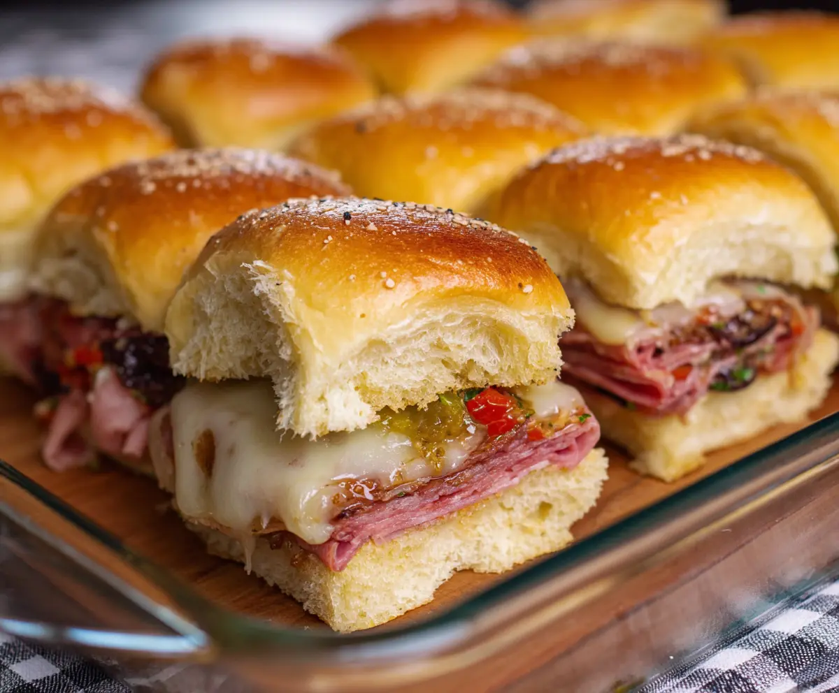 Delicious Muffuletta Sliders with layers of cured meats, cheese, and flavorful olive salad on a plate.