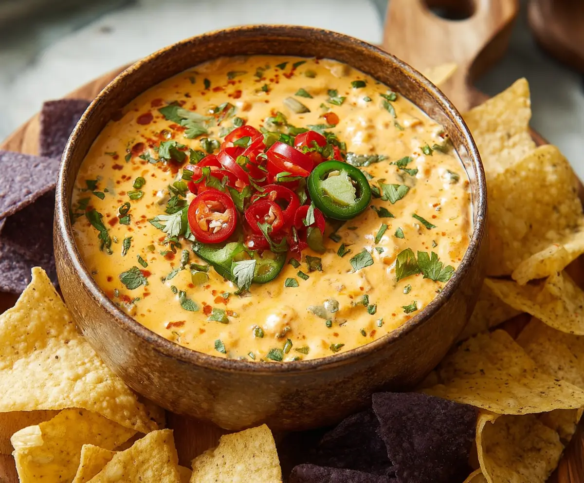 Creamy nacho dip with melted cheese, jalapenos, and diced tomatoes served with tortilla chips.