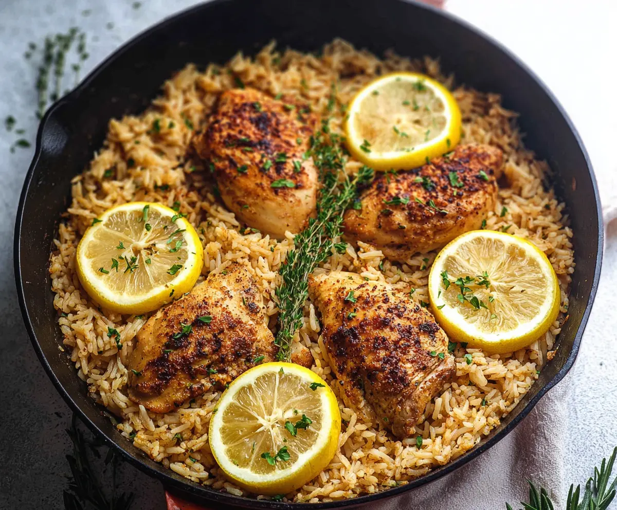 Delicious one pan lemon herb chicken and rice dish with fresh herbs and juicy chicken breasts.