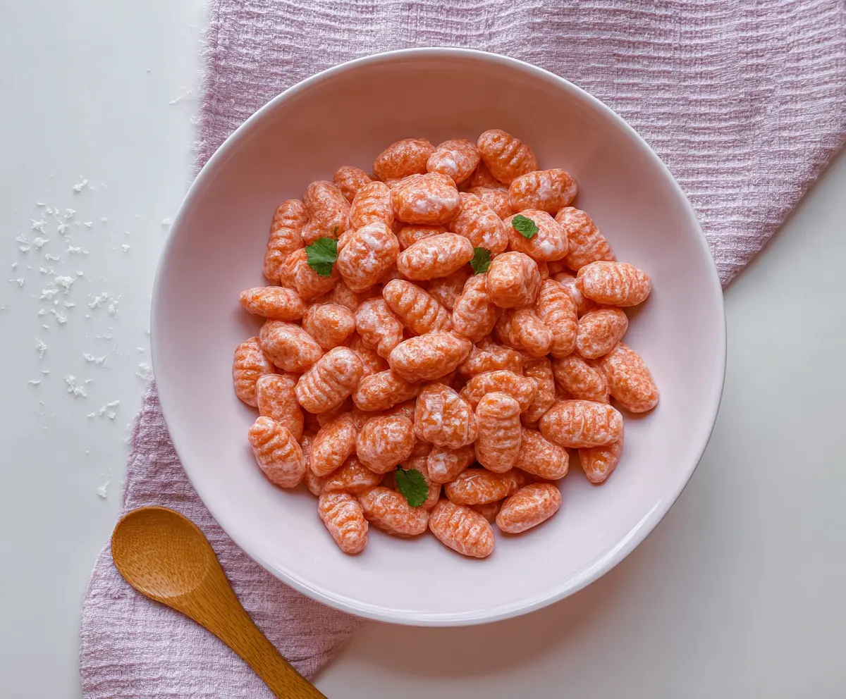 Colorful pink gnocchi served on a plate with fresh herbs for a vibrant and appetizing look