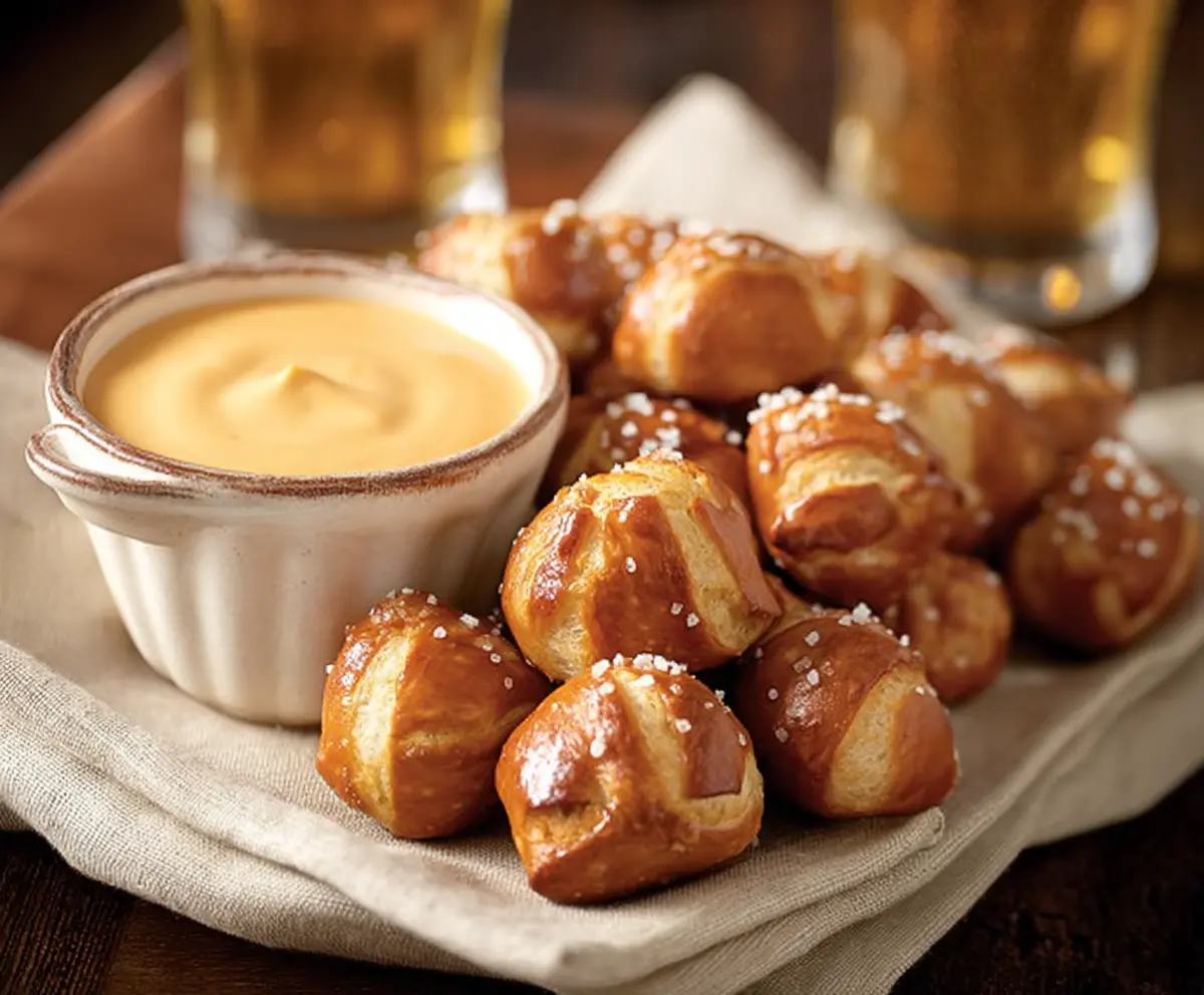 Delicious pretzel bites served with creamy beer cheese dip perfect for snacks and parties