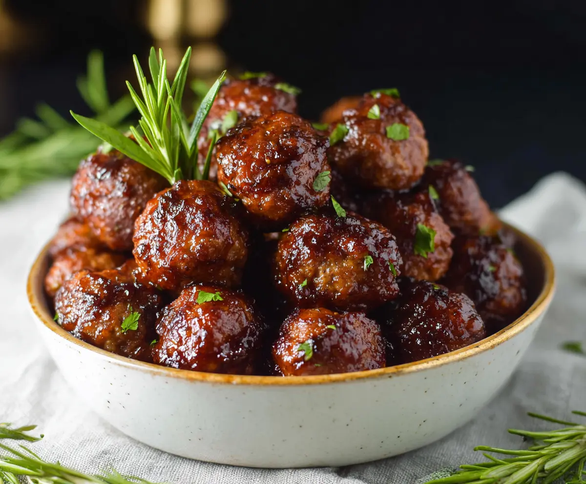Delicious raspberry chipotle meatballs served on a white plate for a flavorful appetizer.