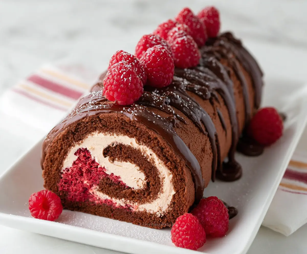 Delicious Raspberry Chocolate Swiss Roll with fresh berries and rich chocolate filling
