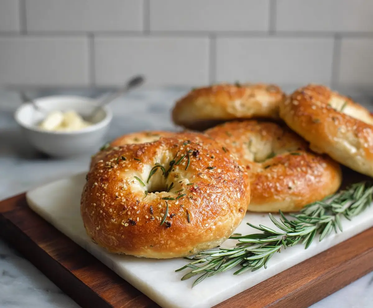 Golden-brown rosemary bagelsfreshly baked with sprigs of rosemary on top.