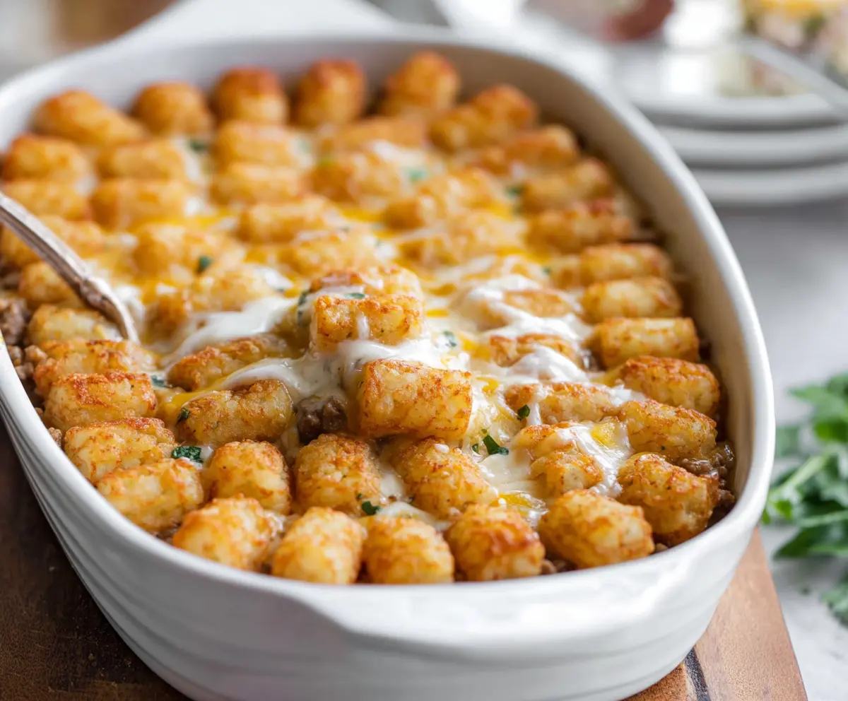 Delicious sausage gravy breakfast casserole with crispy tater tots, perfect for a hearty morning meal