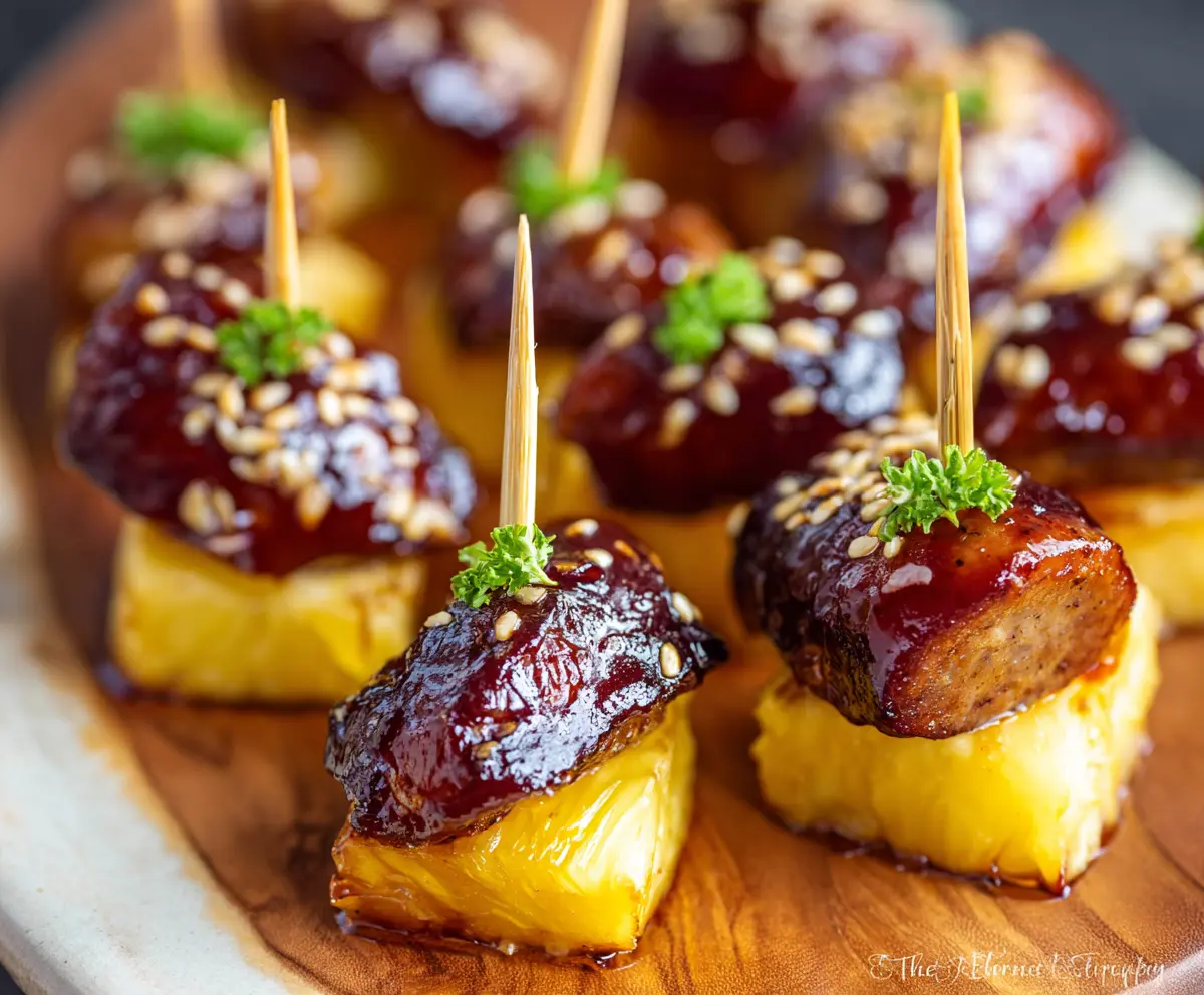 Delicious sausage pineapple bites on a platter, perfect for snacks or parties.