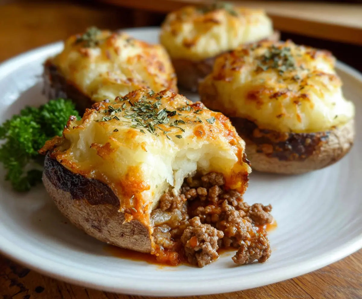 Delicious Shepherd's Pie Baked Potatoes topped with melted cheese and fresh herbs.