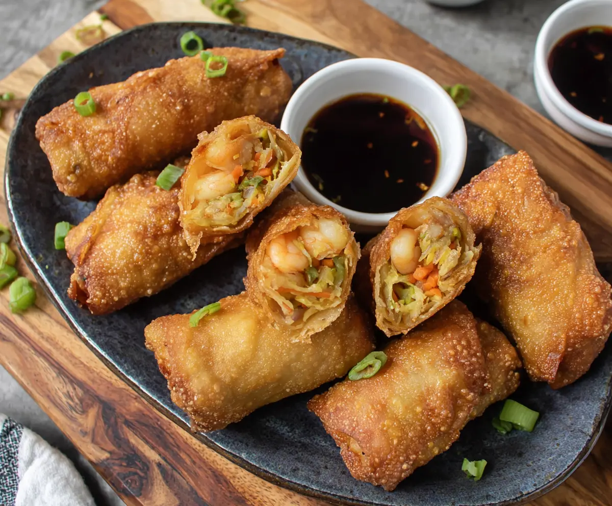 Crispy shrimp egg rolls served with dipping sauce on a white plate