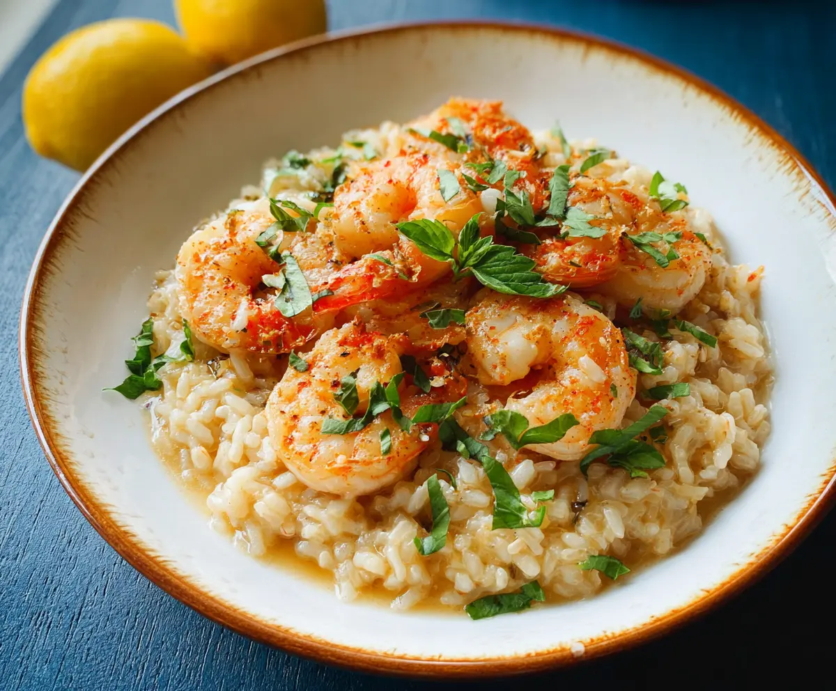 Creamy shrimp risotto garnished with fresh herbs served on a white plate.
