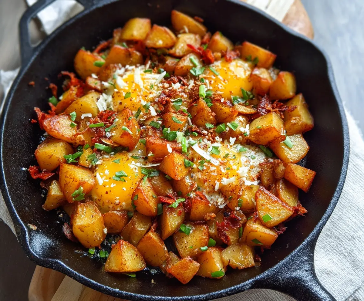 Crispy skillet breakfast potatoes garnished with fresh herbs on a rustic plate